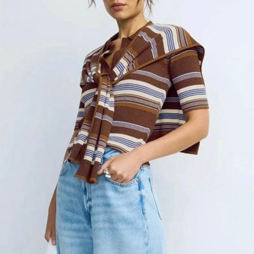 Mine Brown Striped Jacquard Polo Top Medium